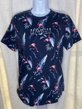 Hollister Y2K Surf Navy Flamingo All Over Print Embroidered Logo Shirt M